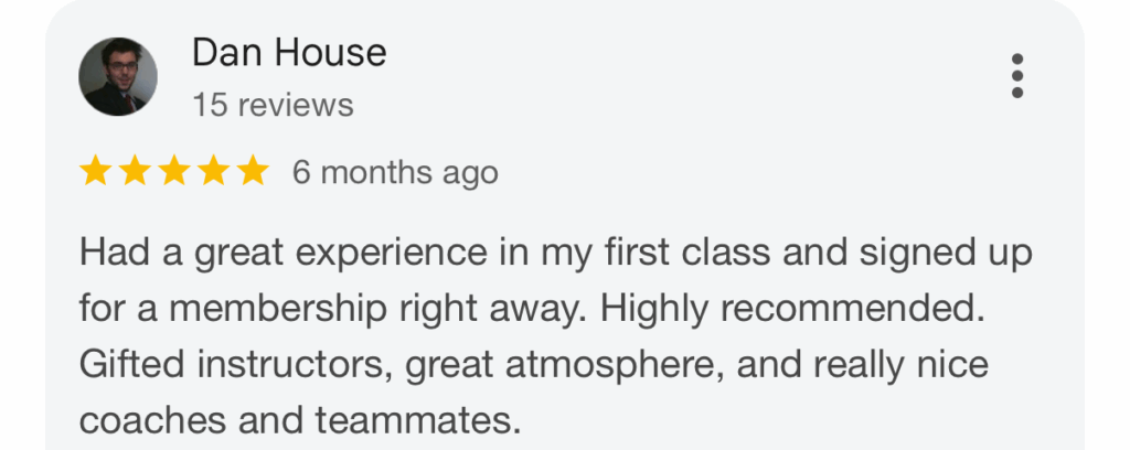 Five-star review of the best Adult BJJ class where the instructor helps build a supportive and enjoyable atmosphere