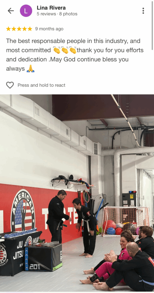 Five-star review praising the best Adult Brazilian Jiu-Jitsu class with a fun and welcoming training environment