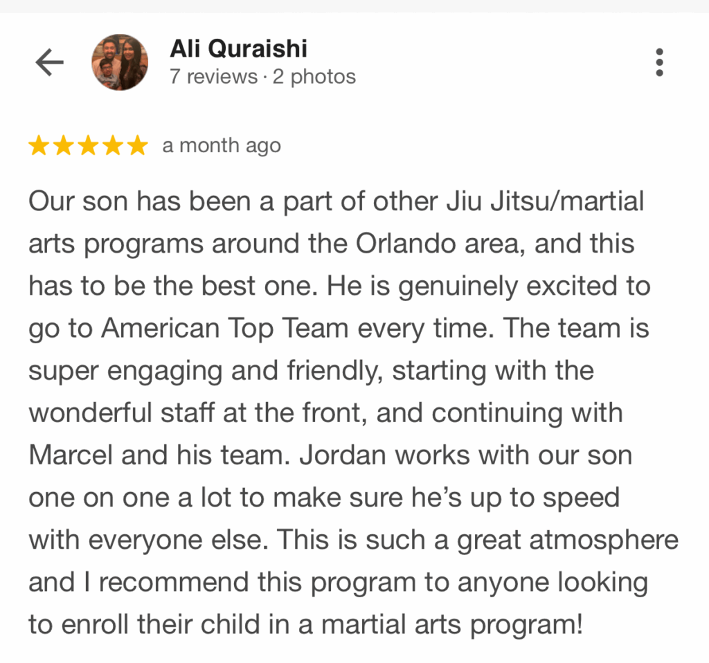 Positive five-star review highlighting kids learning Brazilian Jiu-Jitsu with an instructor guiding a fun, safe environment